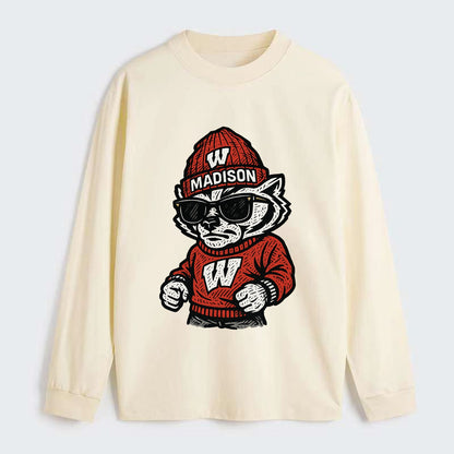 Madison Badger wearing Wisconsin beanie with motion W patch - Classic Long Sleeve Shirt - Beige