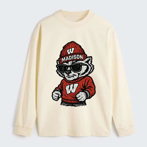 Madison Badger wearing Wisconsin beanie with motion W patch - Classic Long Sleeve Shirt