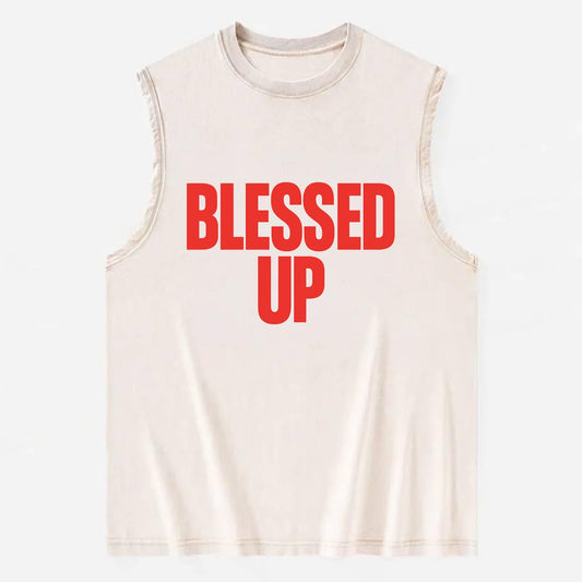 Bold typography design - "BLESSED UP" - recognizing fortune - Vintage Washed Tank - Beige