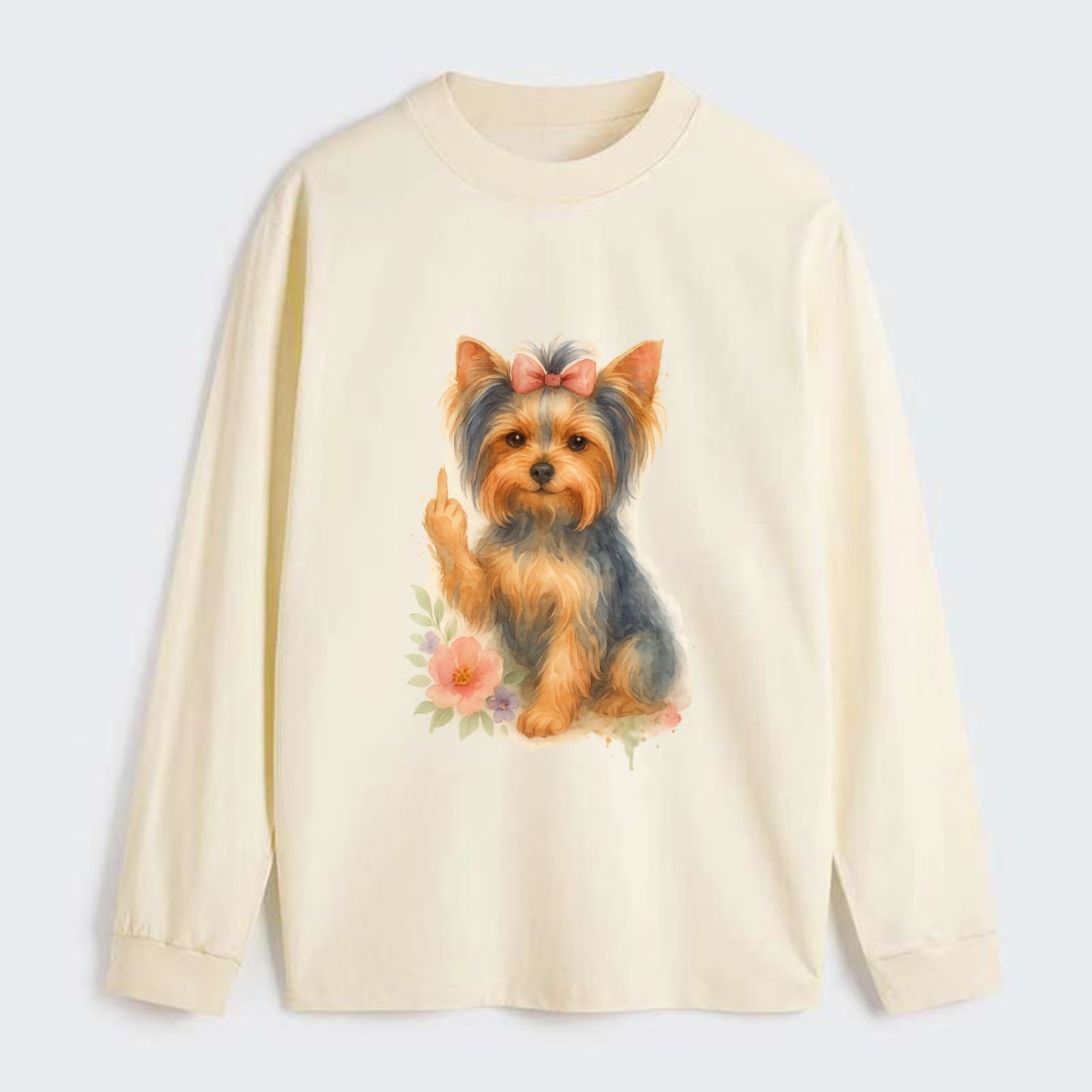 Yorkshire Terrier with topknot bow, one delicate paw flipping off - Classic Long Sleeve Shirt - Beige