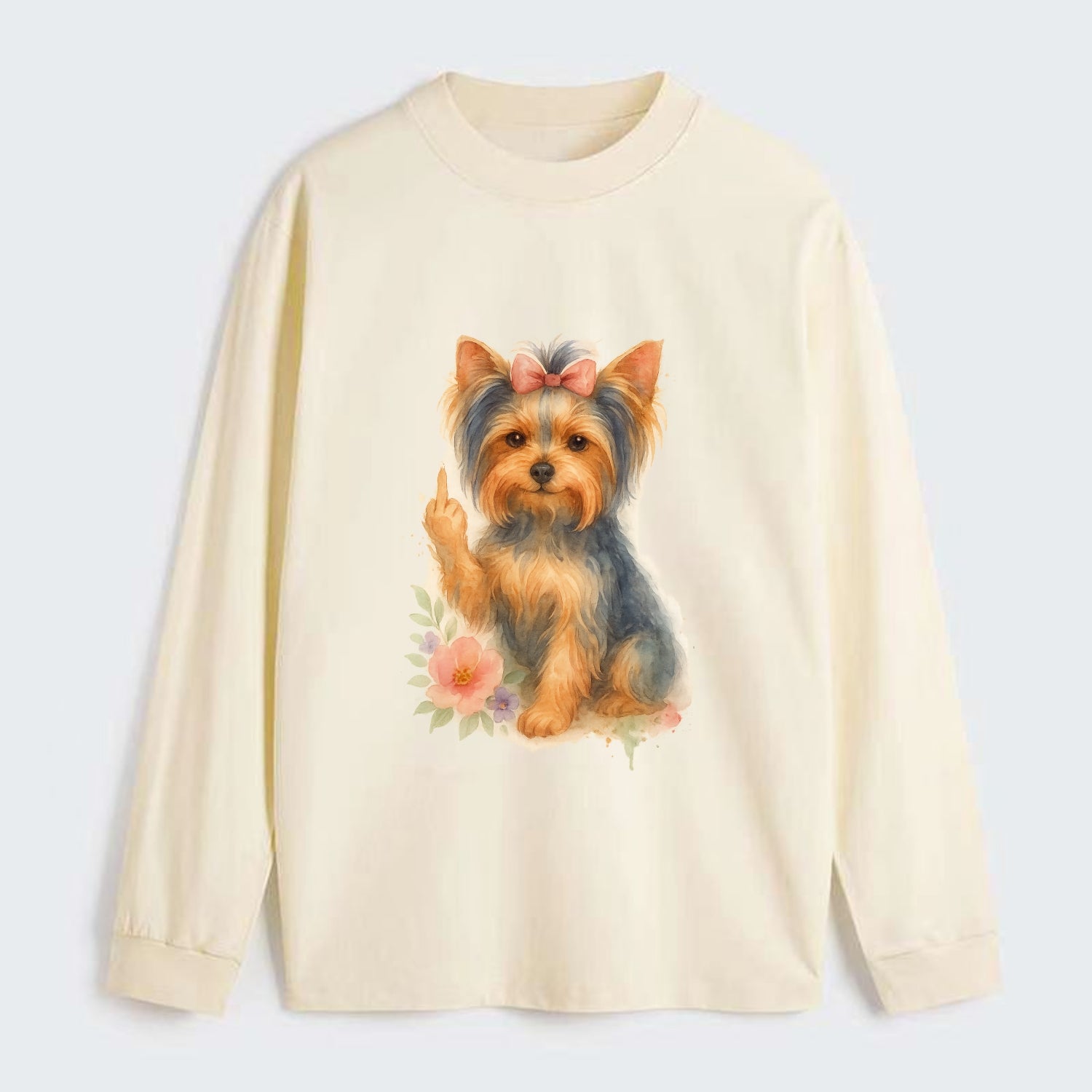 Yorkshire Terrier with topknot bow, one delicate paw flipping off - Classic Long Sleeve Shirt - Beige