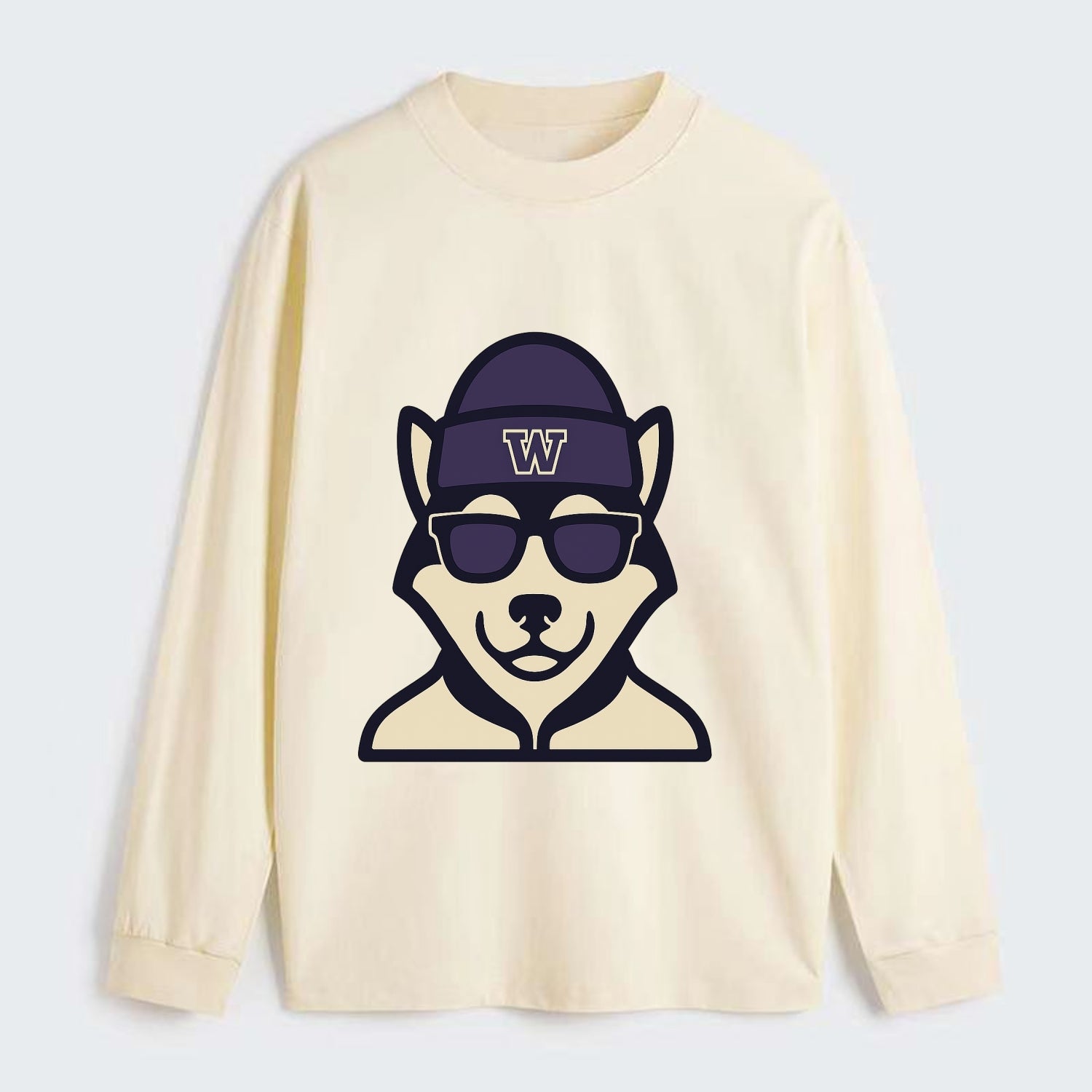 Seattle Husky wearing Washington beanie with W patch - Classic Long Sleeve Shirt - Beige