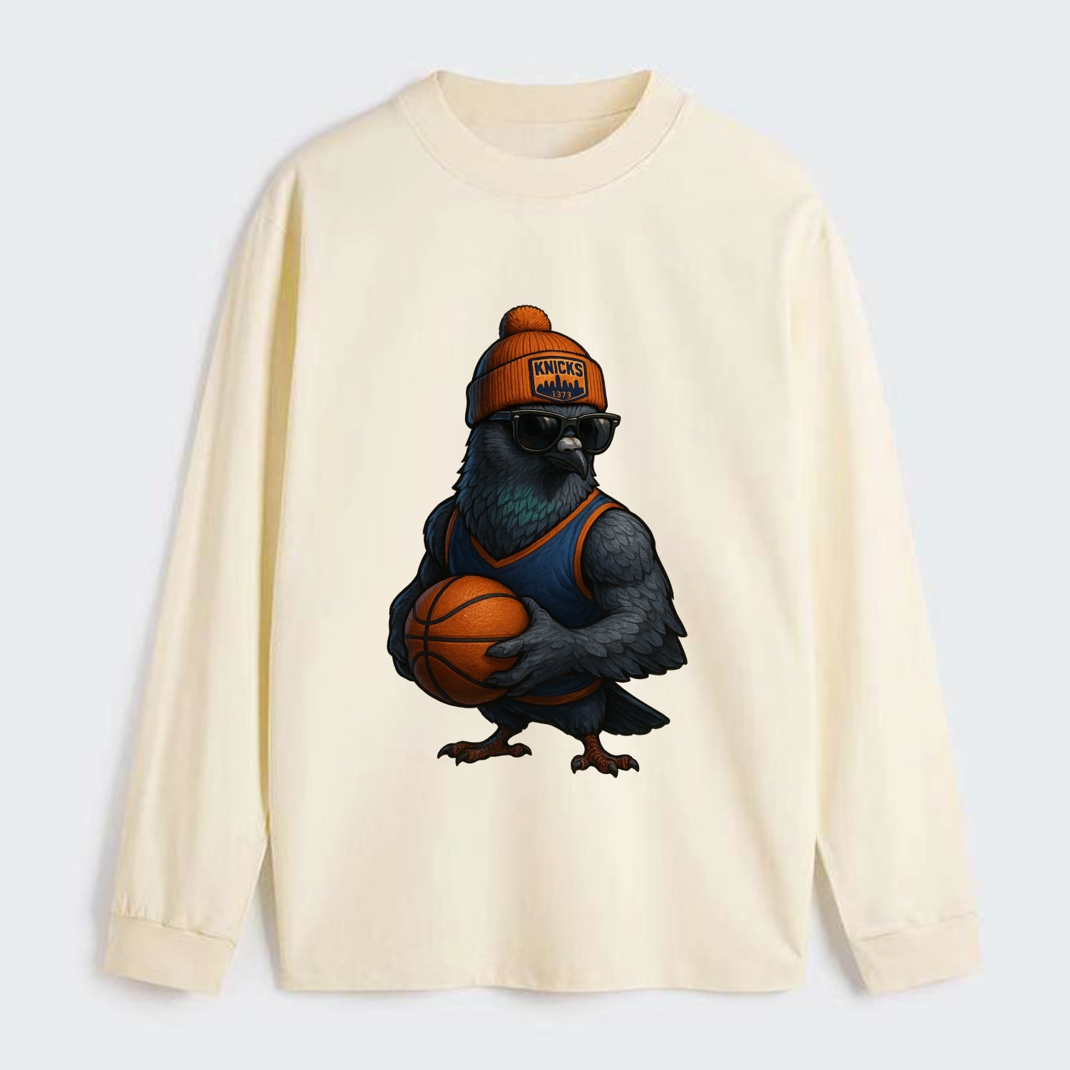 Manhattan Pigeon wearing Knicks beanie with skyline patch and wayfarer - Classic Long Sleeve Shirt - Beige