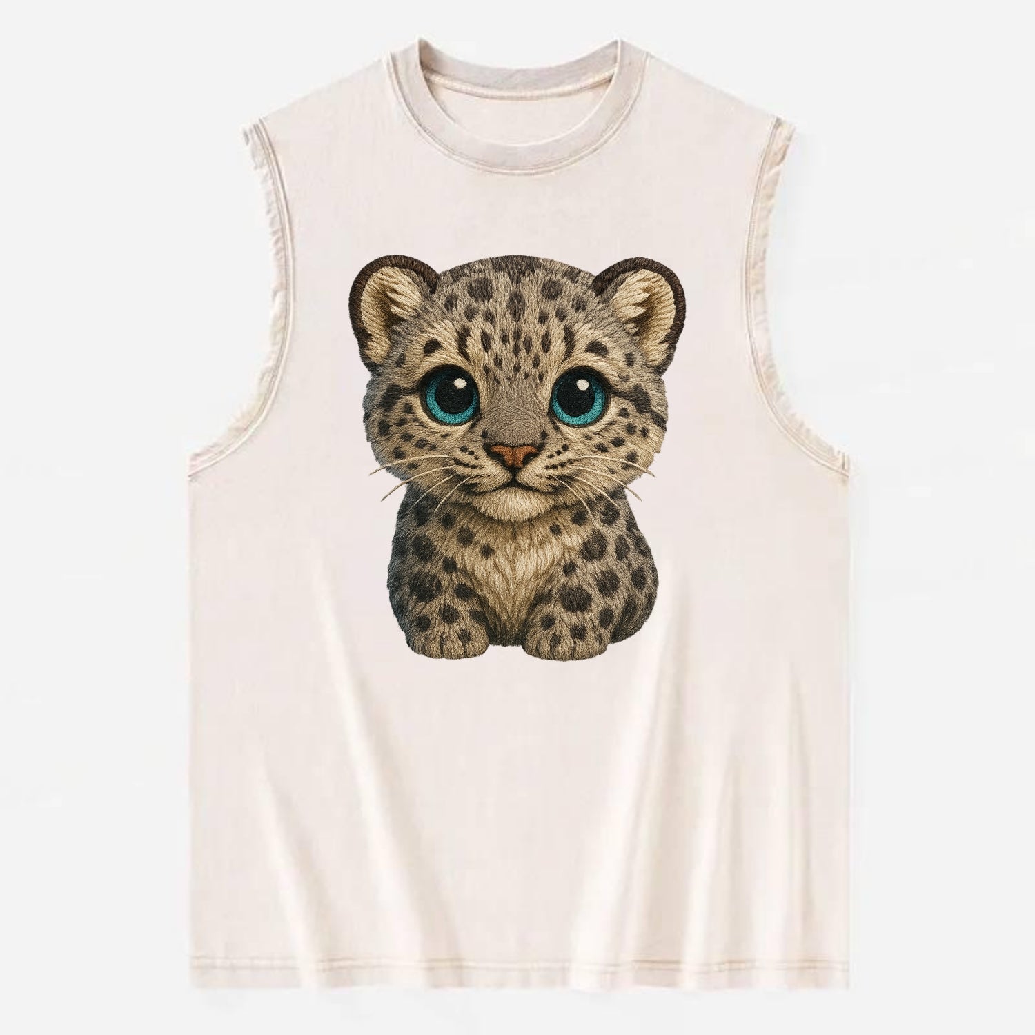 Baby Snow Leopard Cub - gray spotted, thick fur, blue-green eyes, - Vintage Washed Tank - Beige