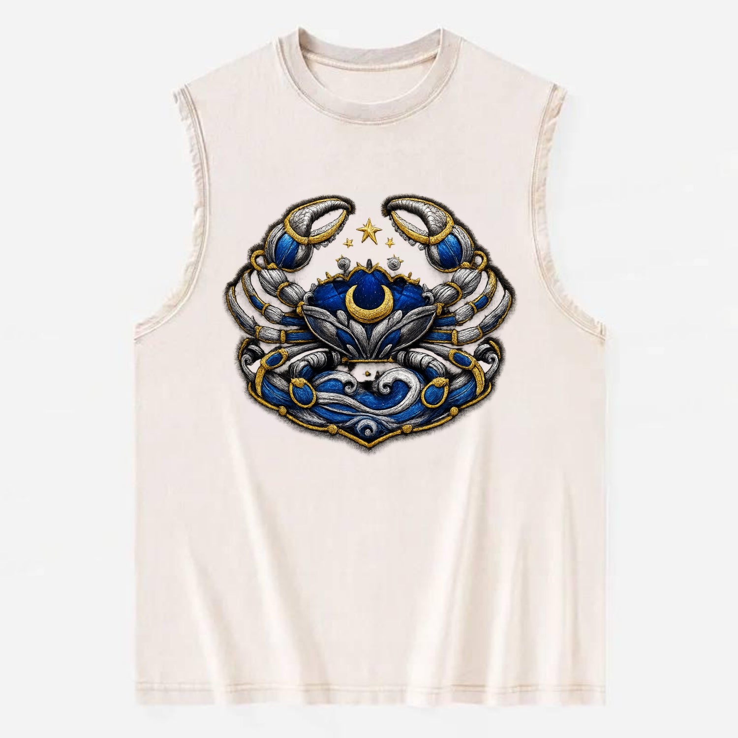 CANCER CRAB - protective crab in silver and blue , water sign - Vintage Washed Tank - Beige