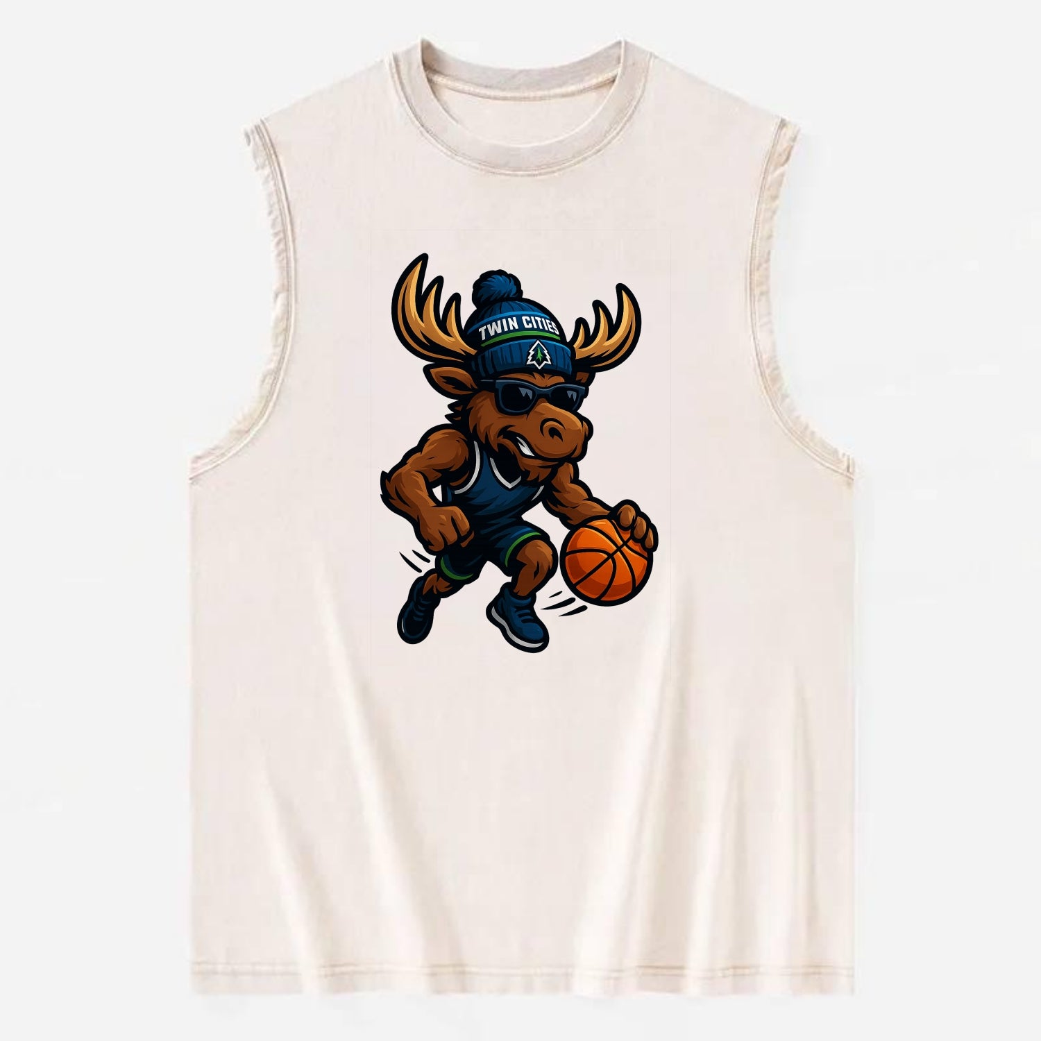Twin Cities Moose wearing Timberwolves beanie with pine tree patch and - Vintage Washed Tank - Beige