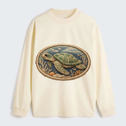 SEA TURTLE - swimming turtle in green and blue , ocean life - Classic Long Sleeve Shirt - Beige
