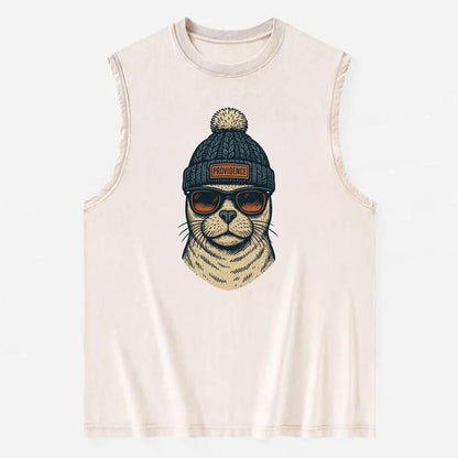 Rhode Island Harbor Seal wearing Providence beanie with pom pom and wayfarer - Vintage Washed Tank - Beige