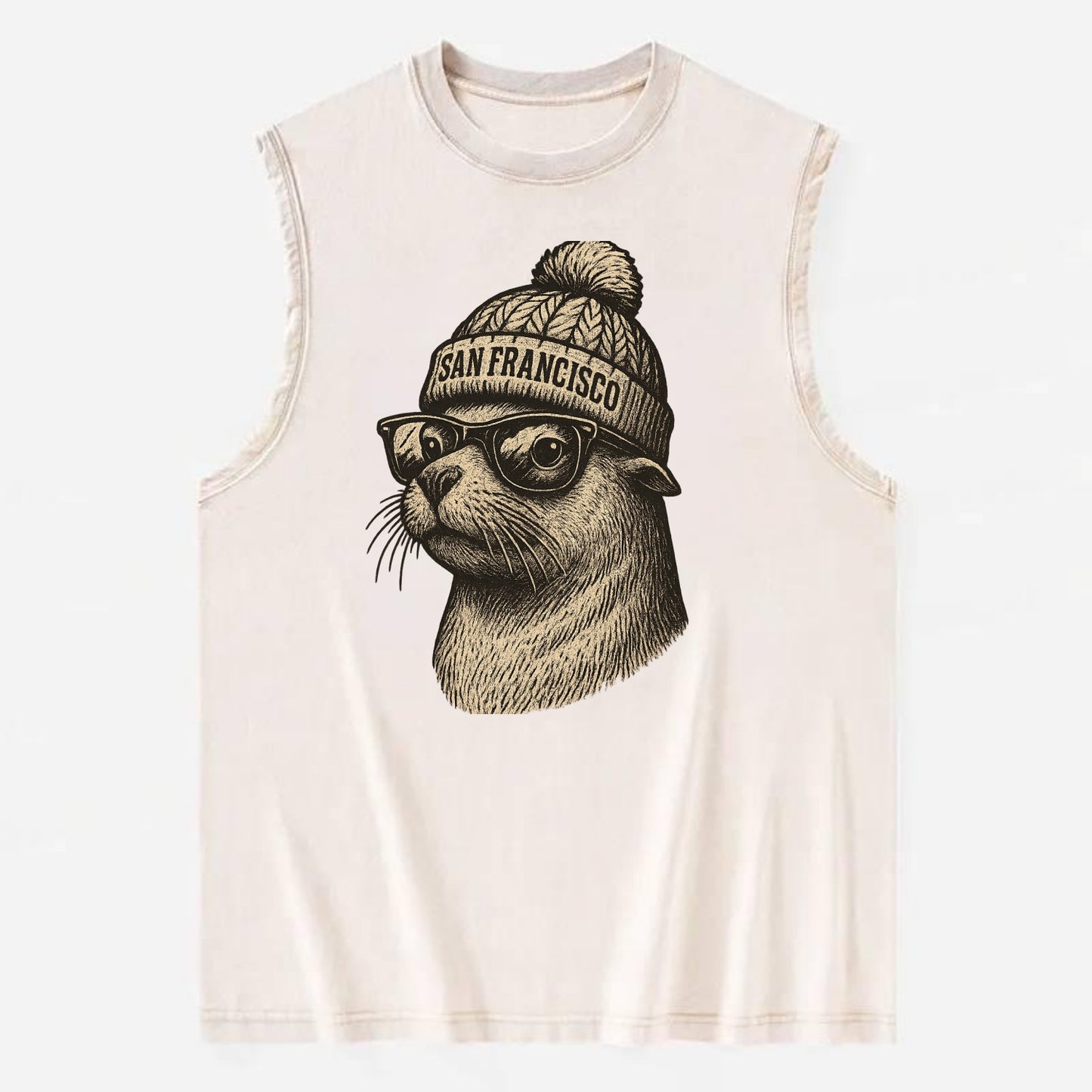 San Francisco Sea Lion wearing San Francisco beanie with pom pom and wayfarer - Vintage Washed Tank - Beige
