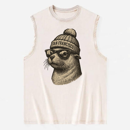 San Francisco Sea Lion wearing San Francisco beanie with pom pom and wayfarer - Vintage Washed Tank - Beige