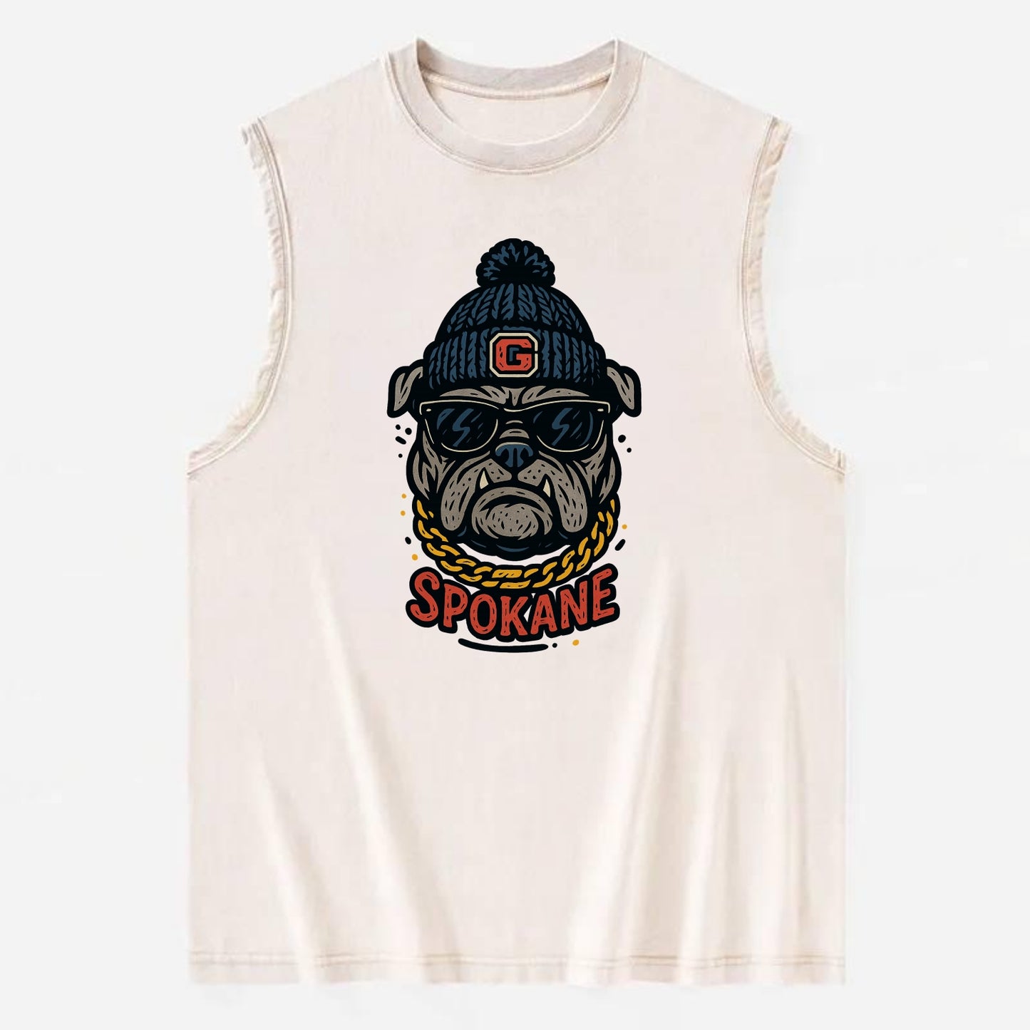 Spokane Bulldog wearing Gonzaga beanie with G patch - Vintage Washed Tank - Beige