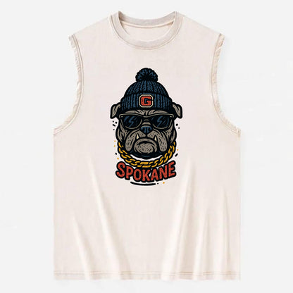 Spokane Bulldog wearing Gonzaga beanie with G patch - Vintage Washed Tank - Beige