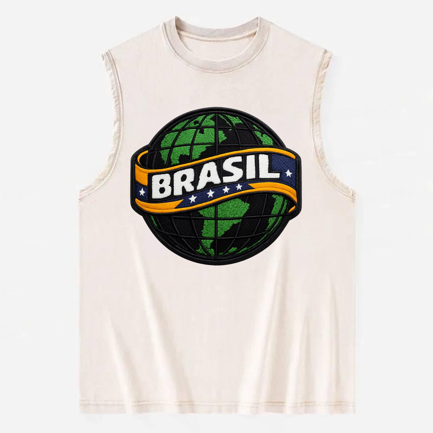 BRAZILIAN FLAG GLOBE - green globe with banner in green yellow blue , Brasil - Vintage Washed Tank - Beige