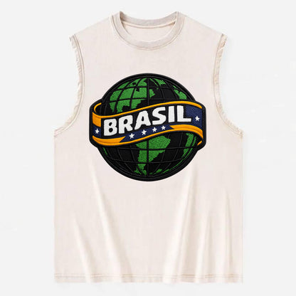 BRAZILIAN FLAG GLOBE - green globe with banner in green yellow blue , Brasil - Vintage Washed Tank - Beige