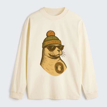 Hawaii Monk Seal wearing Honolulu beanie with pom pom and wayfarer - Classic Long Sleeve Shirt - Beige