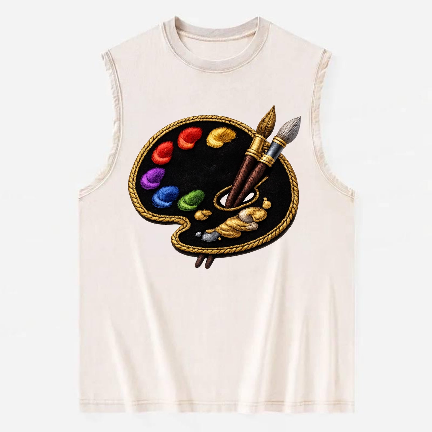 PAINT PALETTE - artist palette with brushes in rainbow and brown , creative - Vintage Washed Tank - Beige