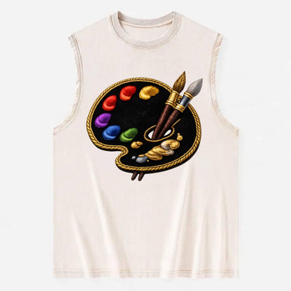 PAINT PALETTE - artist palette with brushes in rainbow and brown , creative - Vintage Washed Tank - Beige