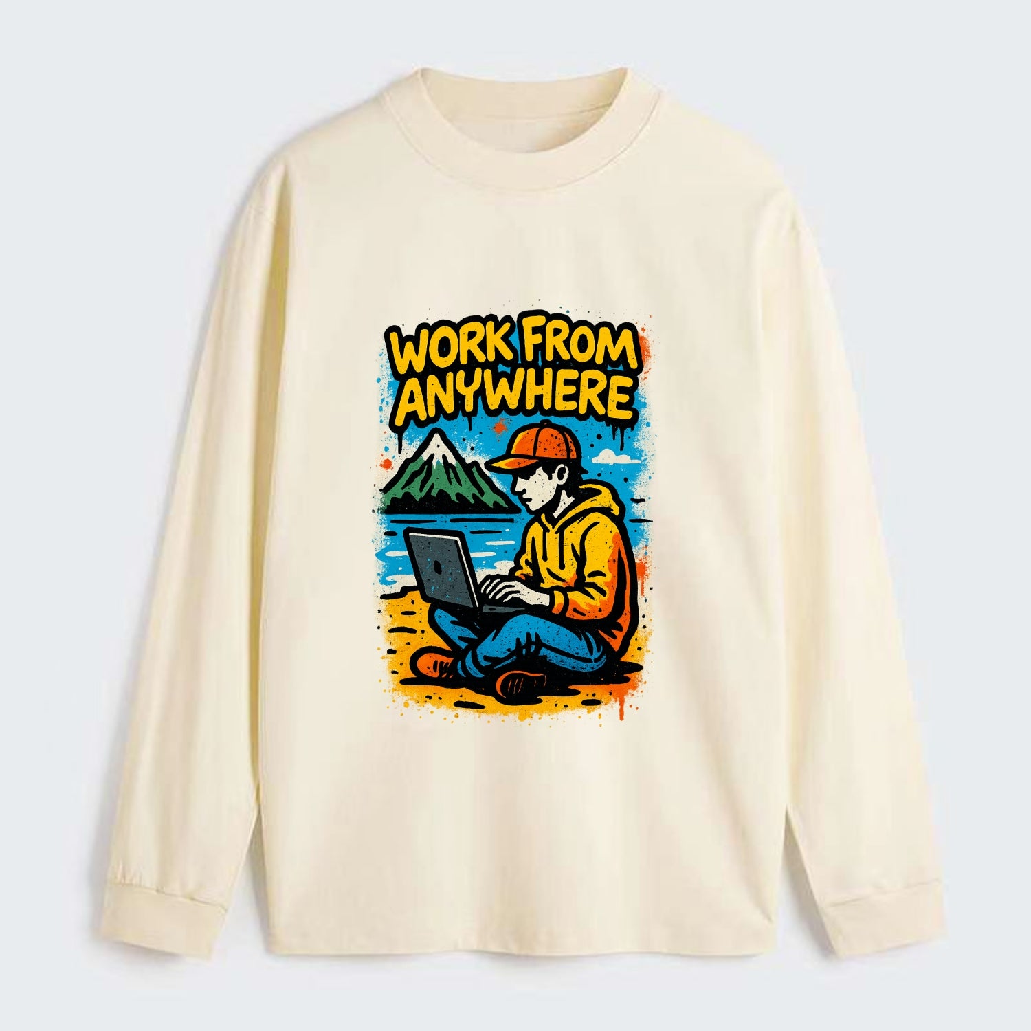 Digital nomad with laptop on beach/mountain - work from anywhere - Classic Long Sleeve Shirt - Beige