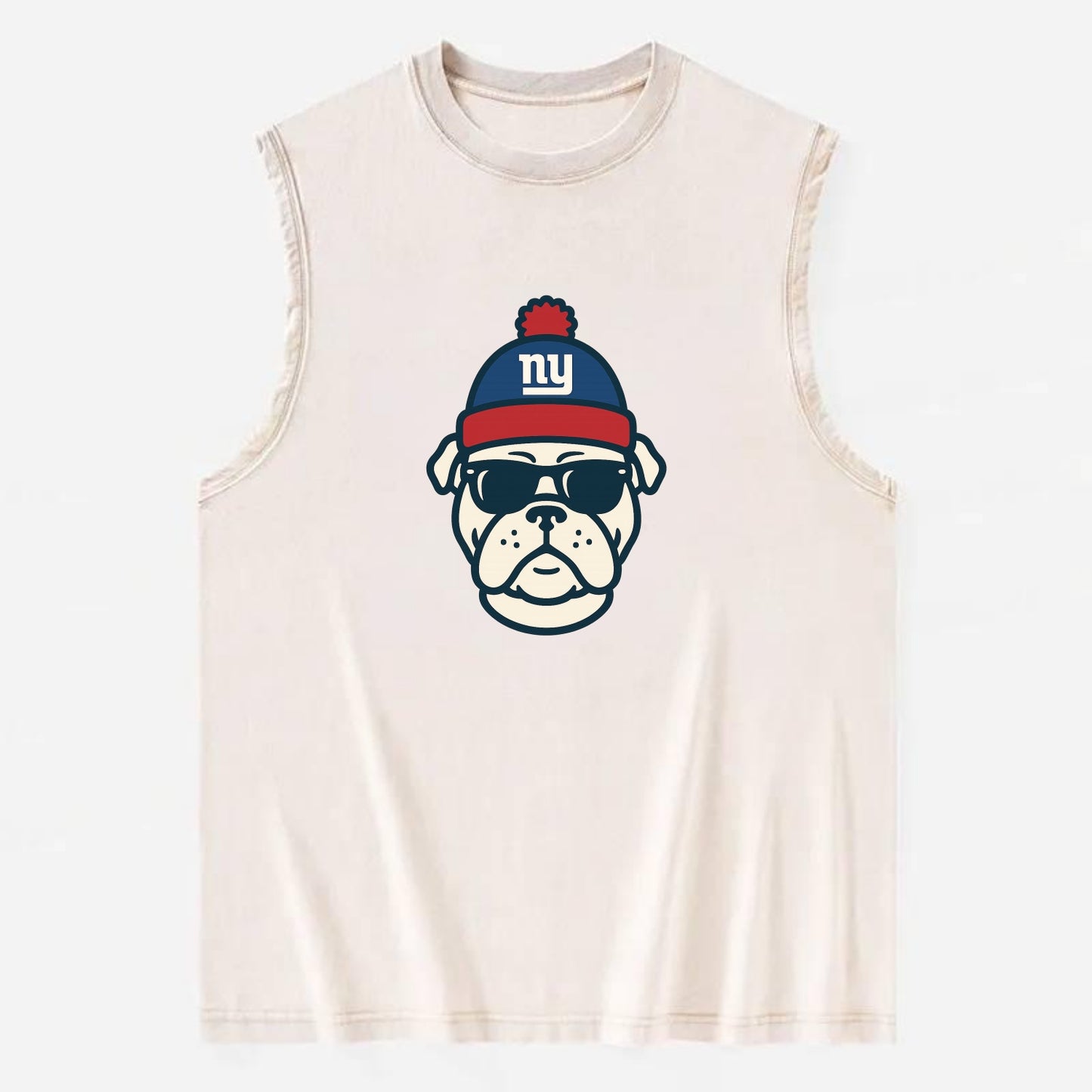 New York Bulldog wearing Giants blue and red beanie with pom pom and wayfarer - Vintage Washed Tank - Beige