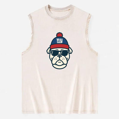New York Bulldog wearing Giants blue and red beanie with pom pom and wayfarer - Vintage Washed Tank - Beige