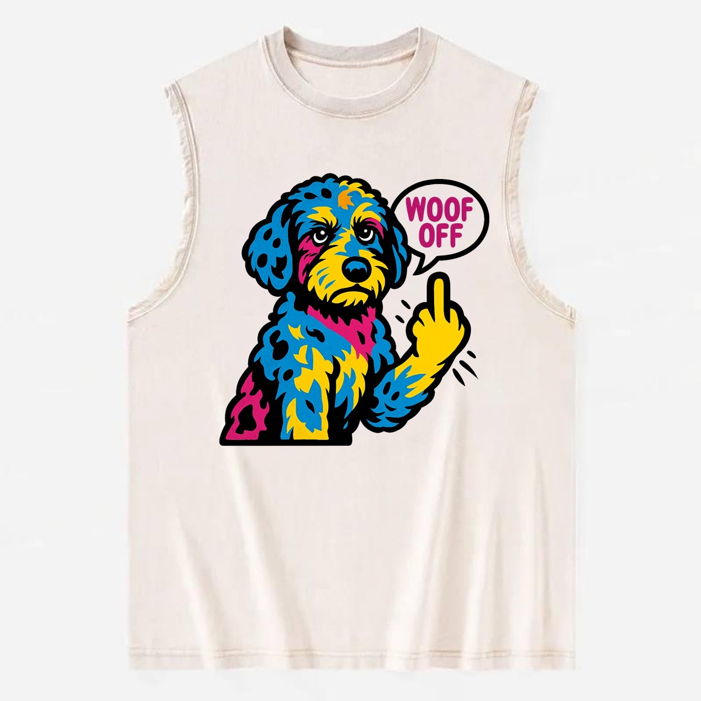 Aussiedoodle with merle patches and curly coat, playful smart paw raised - Vintage Washed Tank - Beige