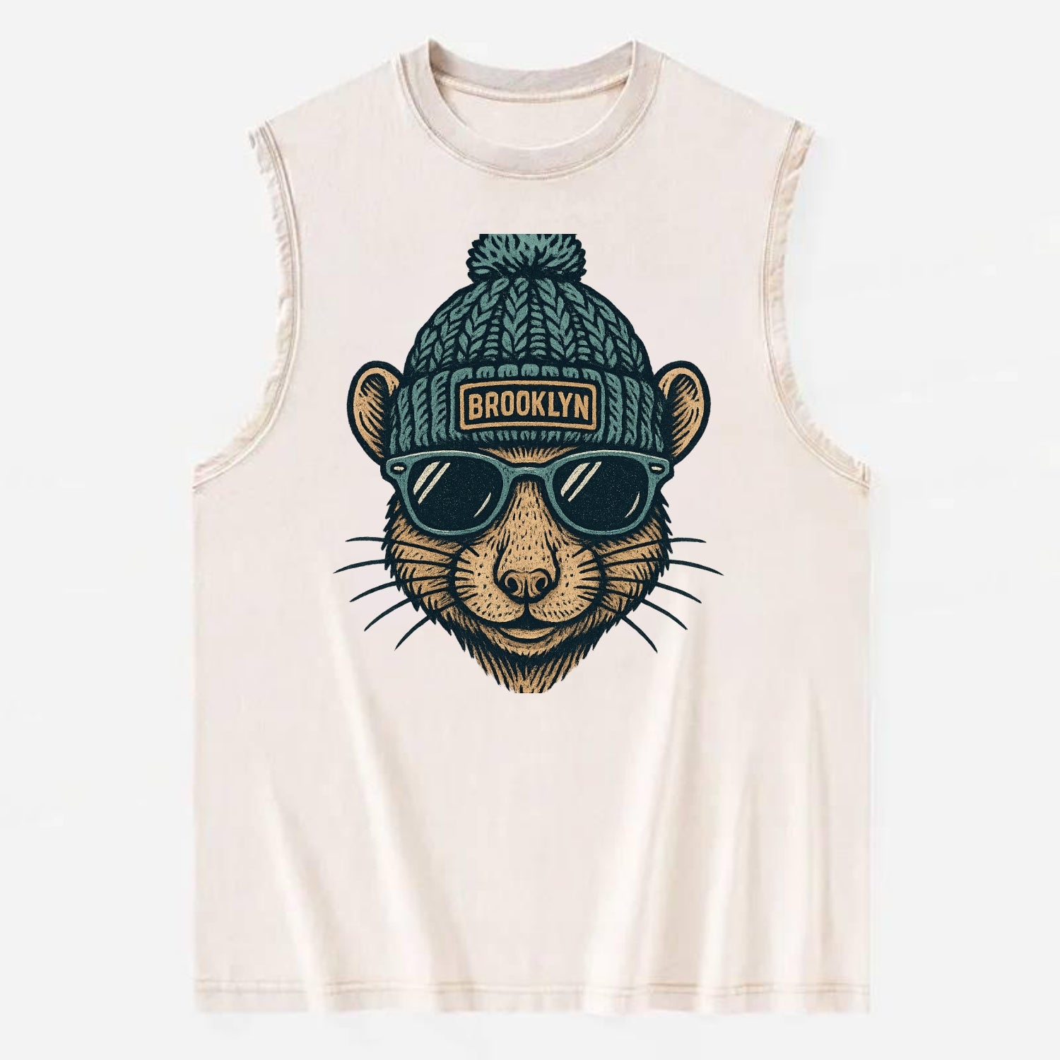NYC Rat wearing Brooklyn beanie with pom pom and wayfarer sunglasses - Vintage Washed Tank - Beige