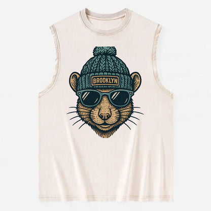 NYC Rat wearing Brooklyn beanie with pom pom and wayfarer sunglasses - Vintage Washed Tank - Beige