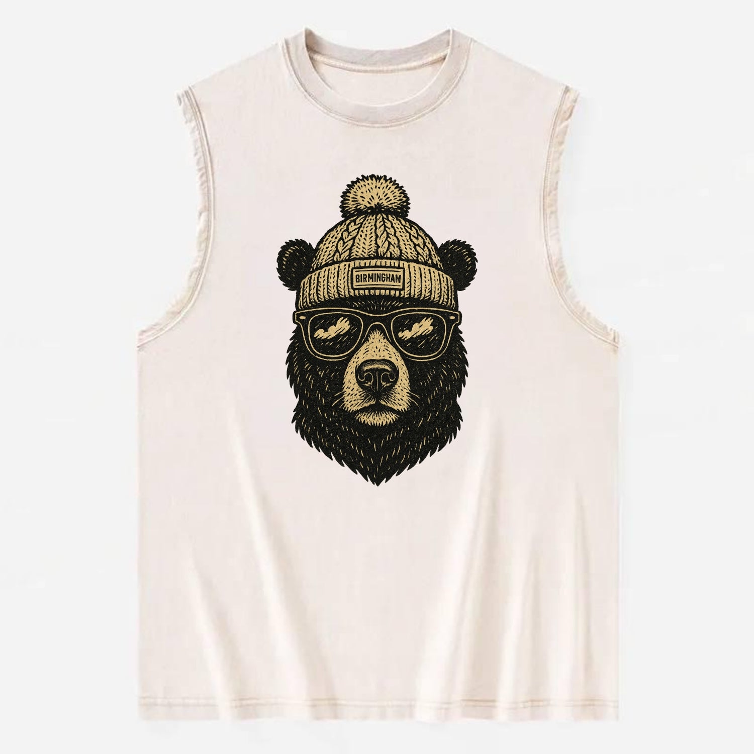 Alabama Black Bear wearing Birmingham beanie with pom pom and wayfarer - Vintage Washed Tank - Beige