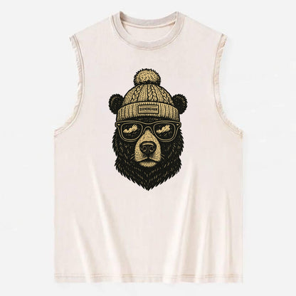 Alabama Black Bear wearing Birmingham beanie with pom pom and wayfarer - Vintage Washed Tank - Beige