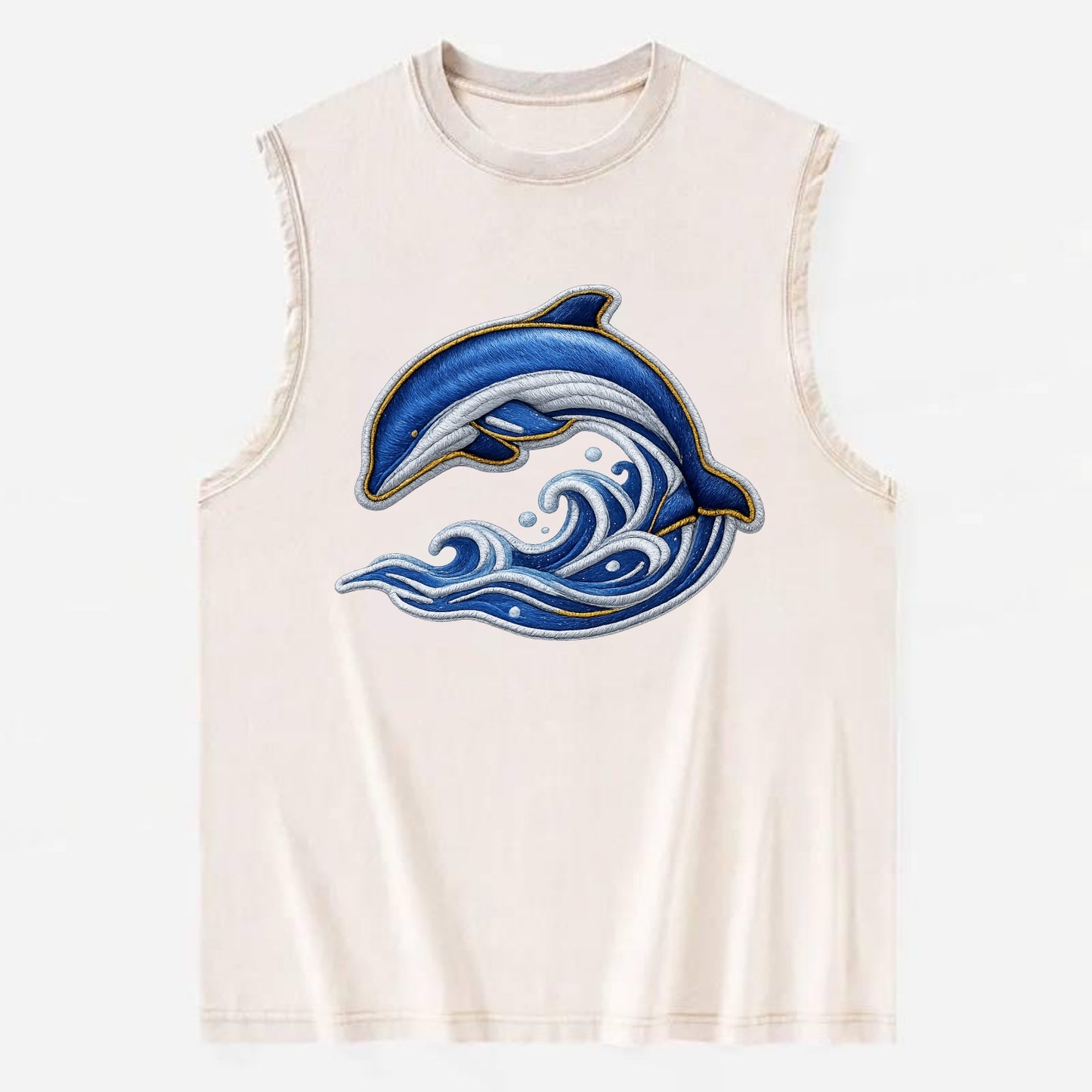 Embroidered patch design - SWIMMING DOLPHIN - diving dolphin with waves in - Vintage Washed Tank - Beige