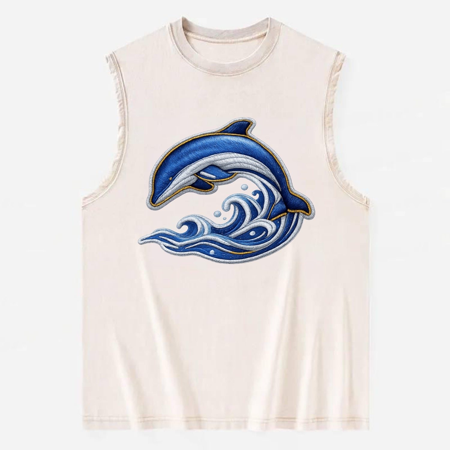 Embroidered patch design - SWIMMING DOLPHIN - diving dolphin with waves in - Vintage Washed Tank - Beige