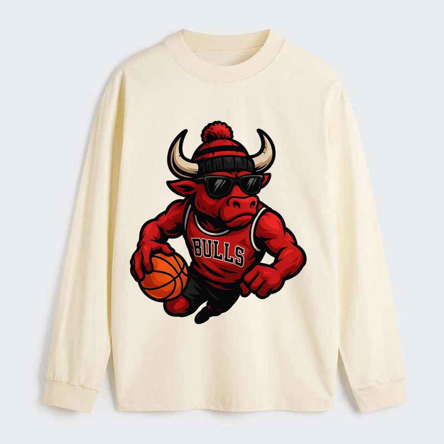 Chicago Bull wearing Bulls red and black beanie with horns design and - Classic Long Sleeve Shirt - Beige