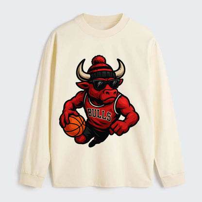 Chicago Bull wearing Bulls red and black beanie with horns design and - Classic Long Sleeve Shirt - Beige