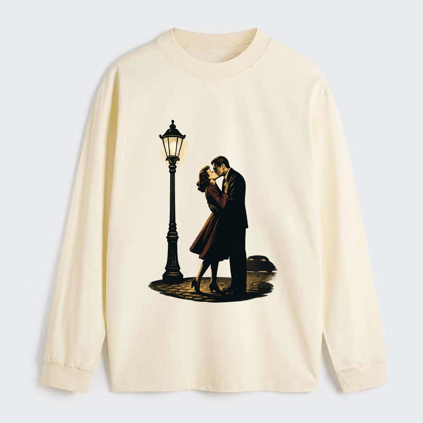first kiss under vintage street lamp on cobblestone at night - Classic Long Sleeve Shirt - Beige
