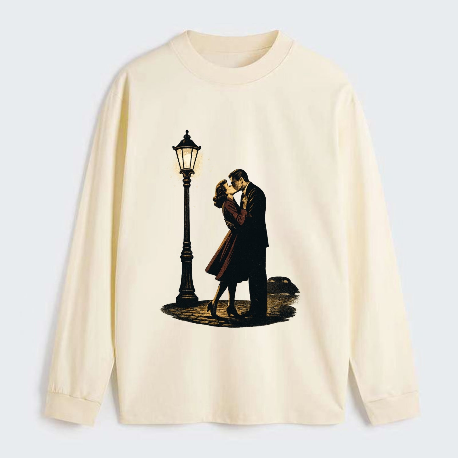 first kiss under vintage street lamp on cobblestone at night - Classic Long Sleeve Shirt - Beige