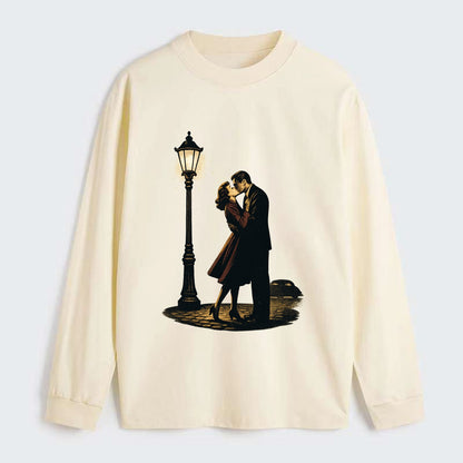 first kiss under vintage street lamp on cobblestone at night - Classic Long Sleeve Shirt - Beige