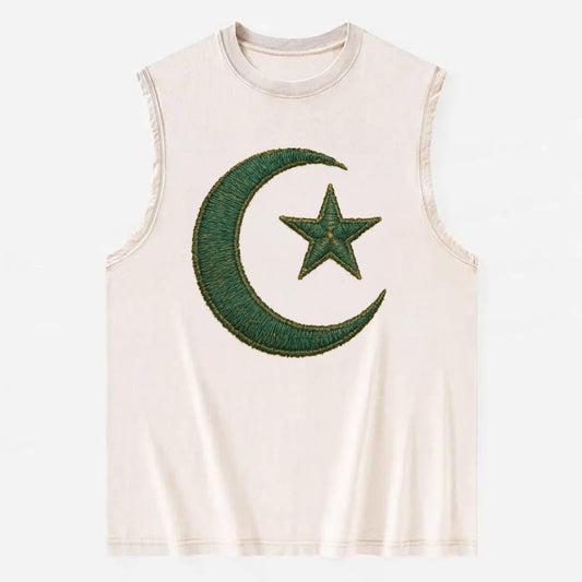 Crescent Moon and Star - Vintage Washed Tank - Beige
