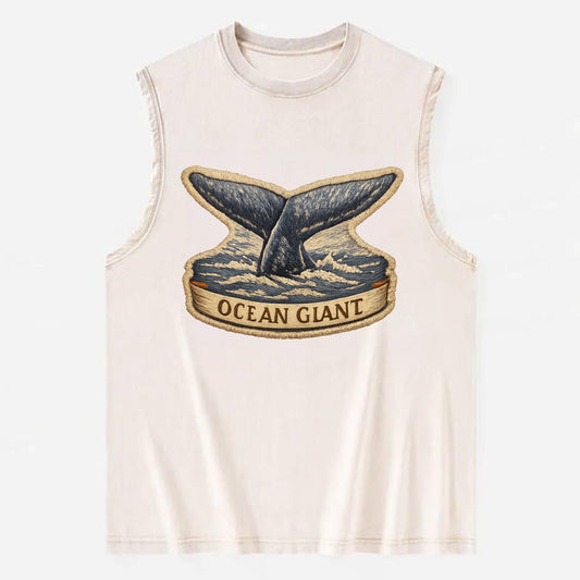 WHALE TAIL - diving whale in blue and gray , ocean giant - Vintage Washed Tank - Beige