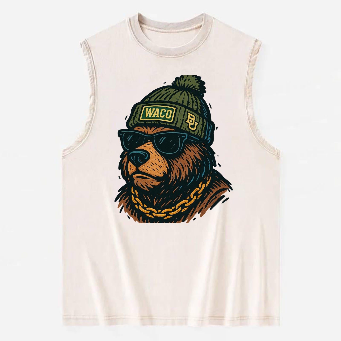 Waco Bear wearing Baylor beanie with BU patch - Vintage Washed Tank - Beige