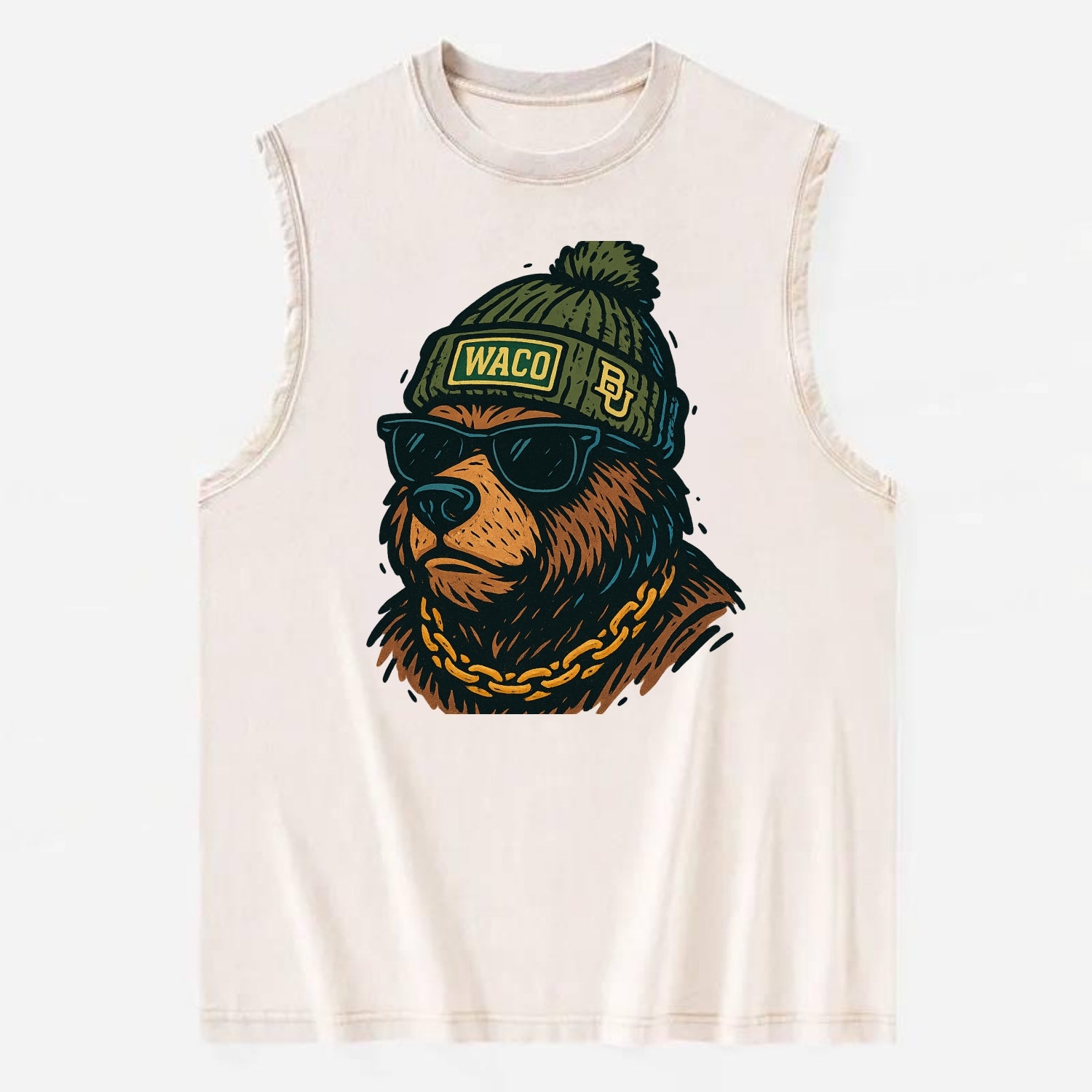 Waco Bear wearing Baylor beanie with BU patch - Vintage Washed Tank - Beige