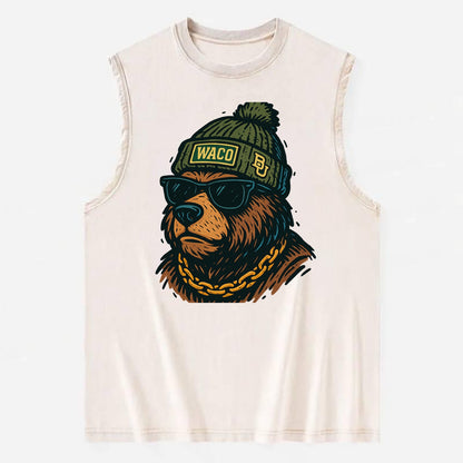 Waco Bear wearing Baylor beanie with BU patch - Vintage Washed Tank - Beige
