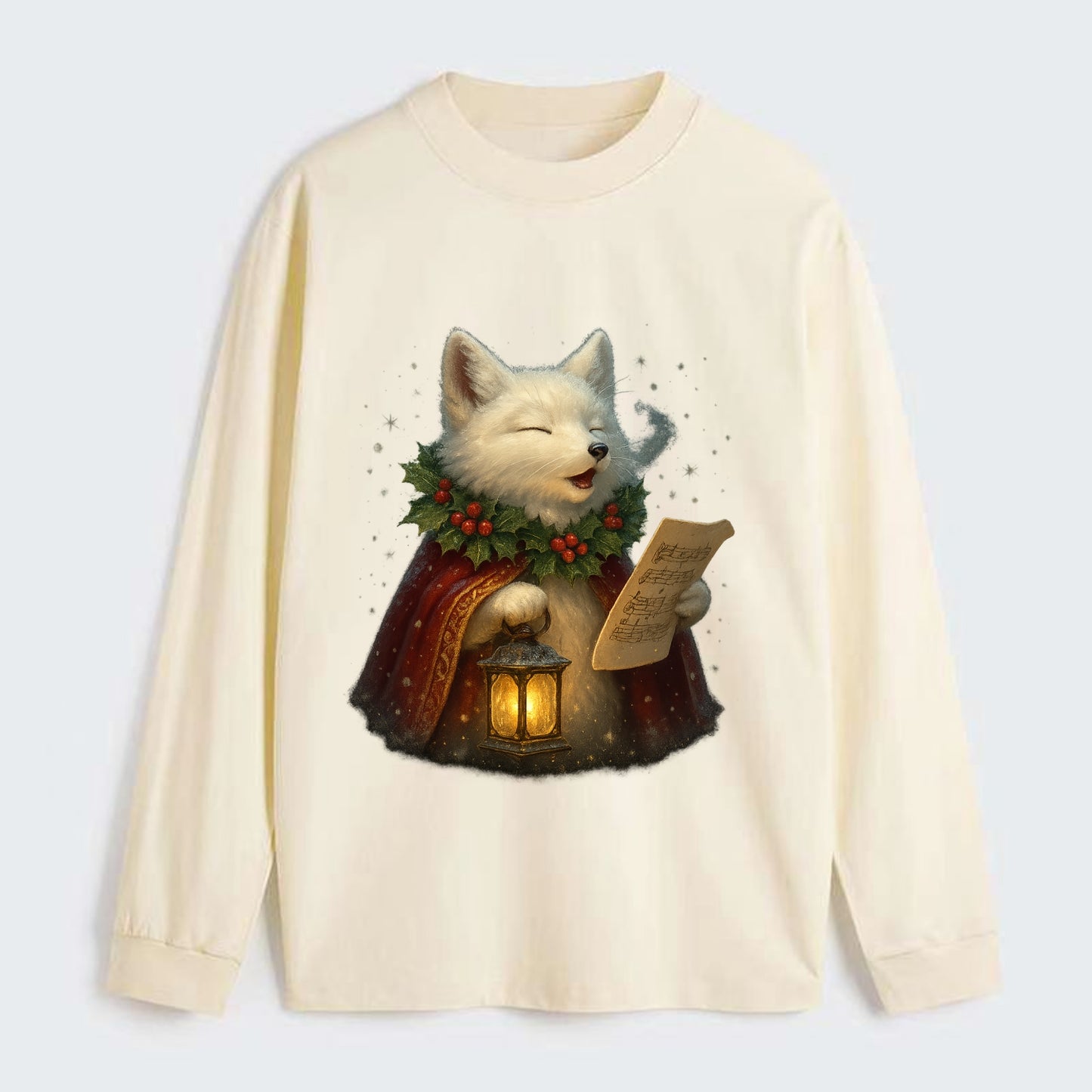 Snowbound Arctic Fox Caroler  - Classic Long Sleeve Shirt - Beige