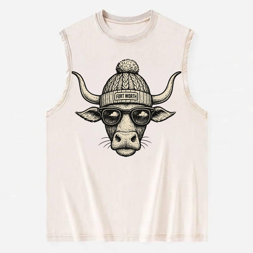 Fort Worth Longhorn wearing Fort Worth beanie with pom pom and wayfarer - Vintage Washed Tank