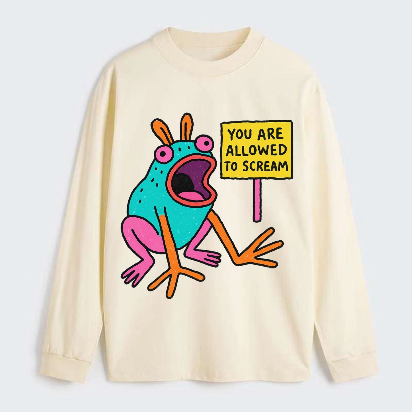 YOU ARE ALLOWED TO SCREAM | Open-mouthed frog - Classic Long Sleeve Shirt - Beige