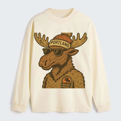 Maine Moose wearing Portland beanie with pom pom and wayfarer sunglasses - Classic Long Sleeve Shirt - Beige