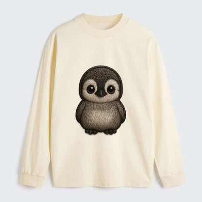 Baby Penguin Chick - gray fluffy, white face, round body, front-facing, - Classic Long Sleeve Shirt - Beige