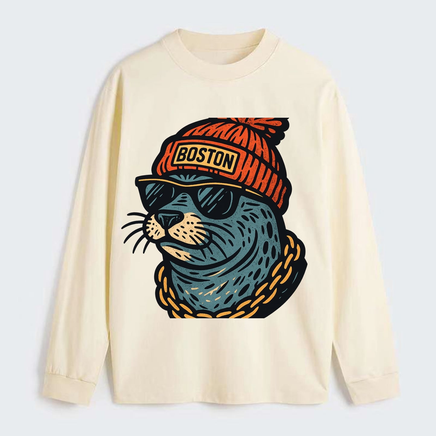 Boston Harbor Seal wearing Boston beanie with pom pom and wayfarer - Classic Long Sleeve Shirt - Beige