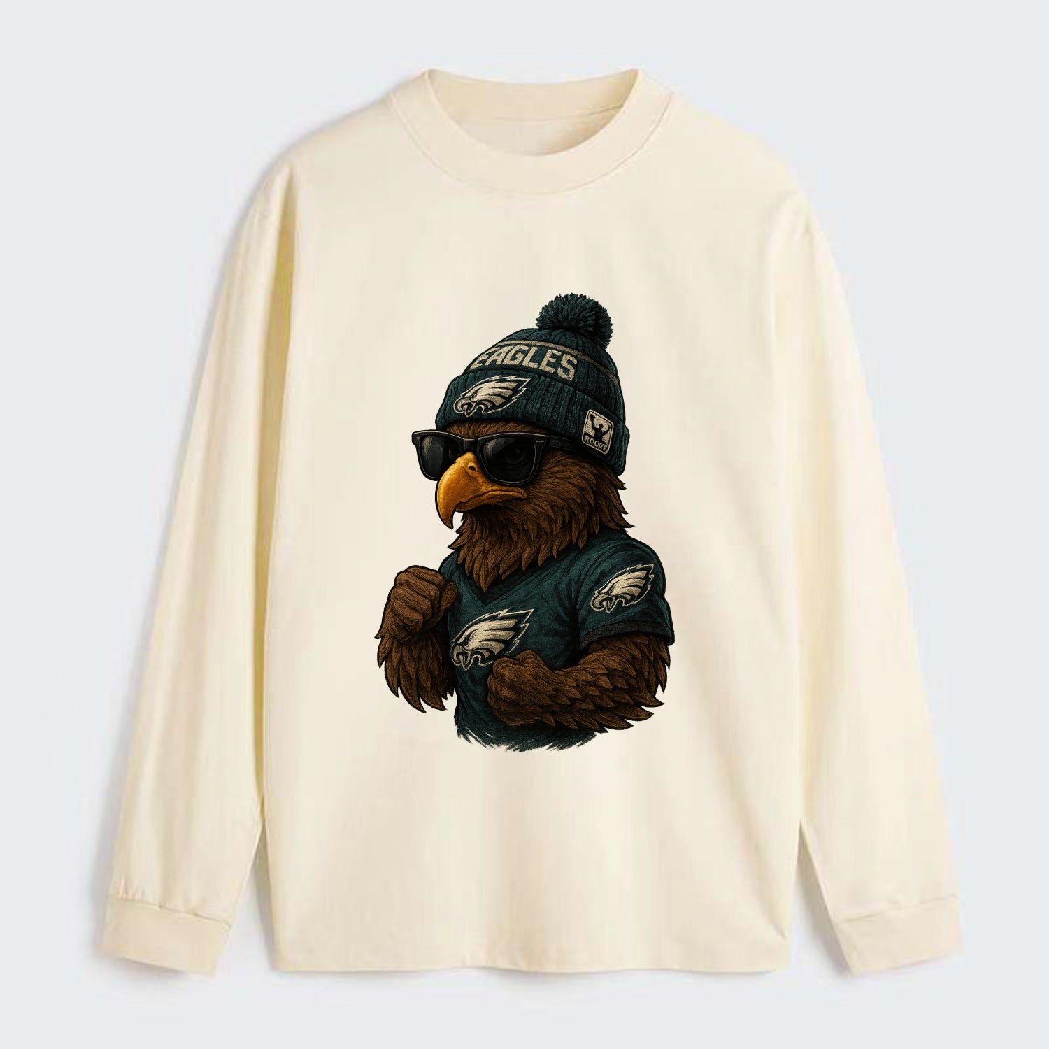 Philly Hawk wearing Eagles beanie with Rocky patch and wayfarer - Classic Long Sleeve Shirt - Beige