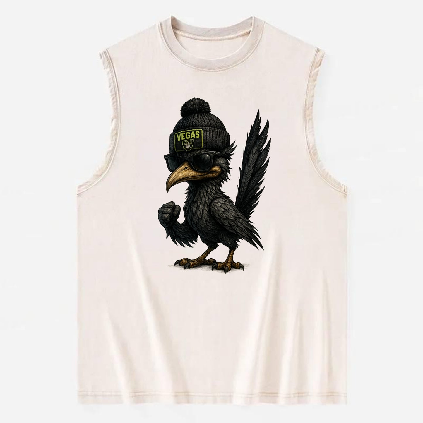Vegas Roadrunner wearing Raiders beanie with neon patch and wayfarer - Vintage Washed Tank - Beige