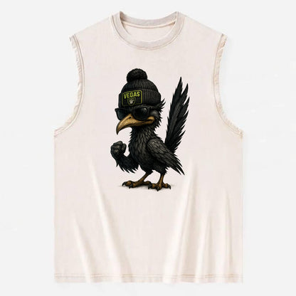Vegas Roadrunner wearing Raiders beanie with neon patch and wayfarer - Vintage Washed Tank - Beige
